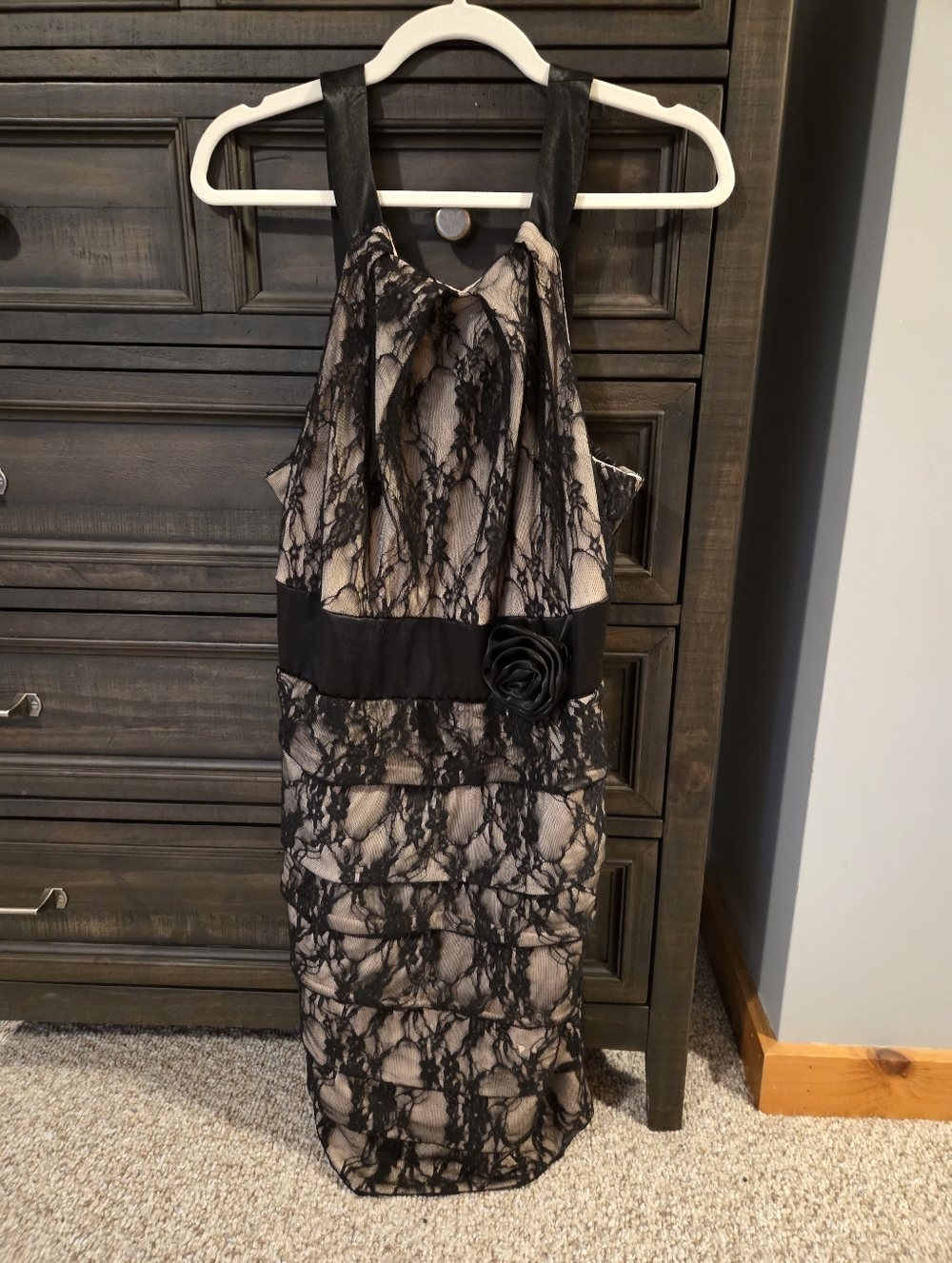 Black Lace Overlay Cocktail Dress with Rose Accent 1